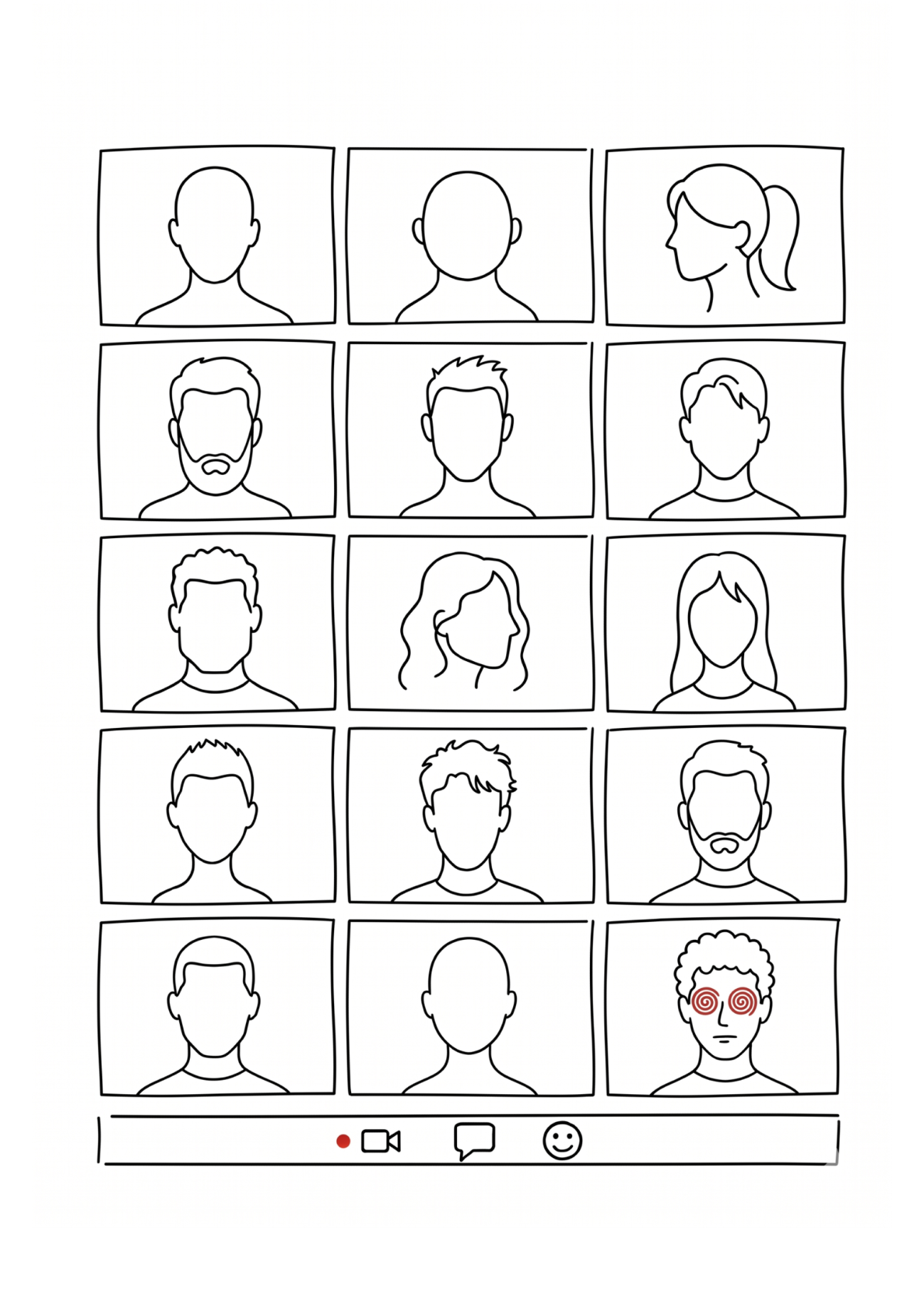 Video call grid illustration with a hypnotized participant